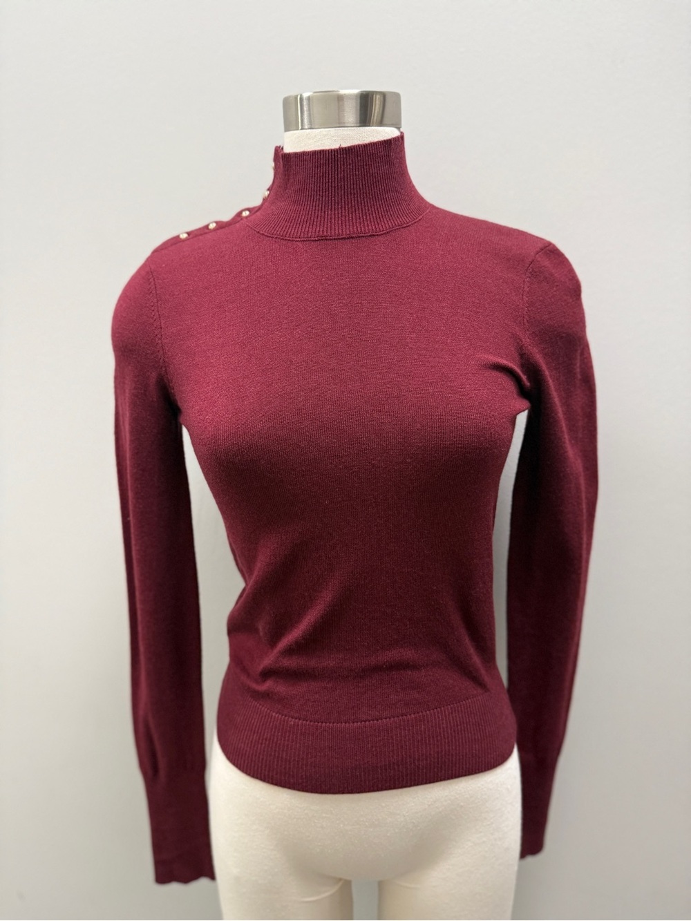 Love Tree Burgundy Mock Neck Top with Functional Buttons